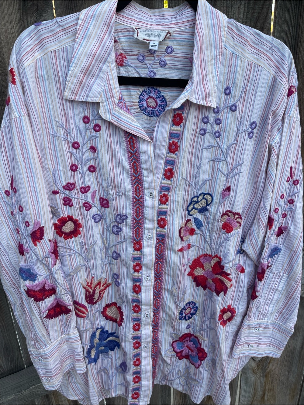 Johnny Was Piper Oversized Embroidered Stripe Shirt Boho Floral Button Up Top 2X